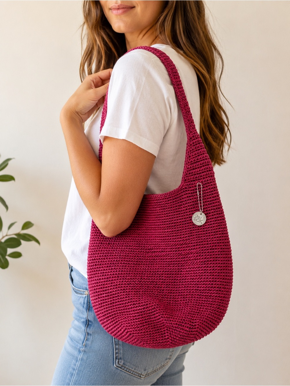 The Sak Hand Crochet Hobo Shoulder Bag Raspberry Pink Made in Bali
